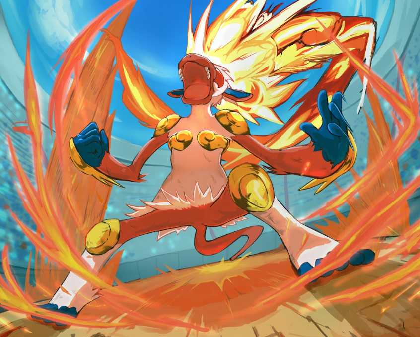 clouds commentary_request day fire fure_(flelele66) gen_4_pokemon infernape legs_apart open_mouth outdoors pokemon sky stadium standing toes tongue upper_teeth white_fur
