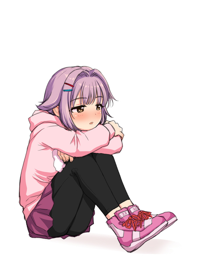 1girl blush brown_eyes crossed_arms hair_intakes hair_ornament hairclip head_rest hood hoodie idolmaster idolmaster_cinderella_girls knees_up koshimizu_sachiko leggings pink_hair sakaki_imasato short_hair sitting solo white_background