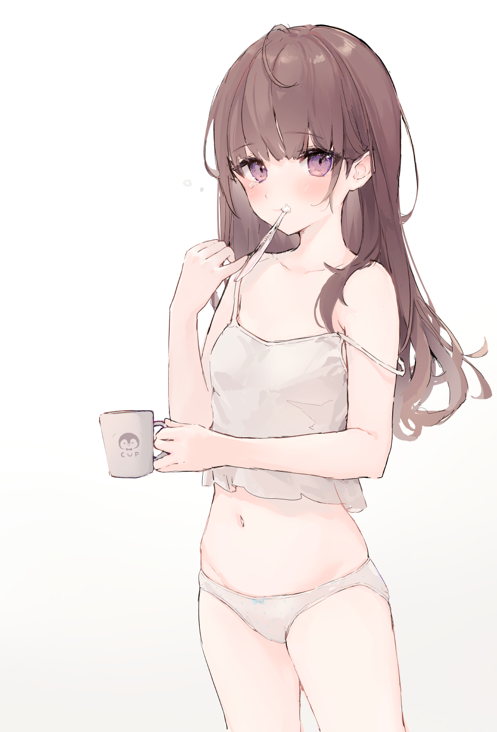 1girl bangs blush brown_hair brushing_teeth camisole closed_mouth collarbone commentary_request cup eyebrows_visible_through_hair gradient gradient_background grey_background highres holding holding_cup long_hair looking_at_viewer mug navel original panties solo standing strap_slip suzumori_uina toothbrush toothpaste underwear underwear_only violet_eyes white_background white_camisole white_panties