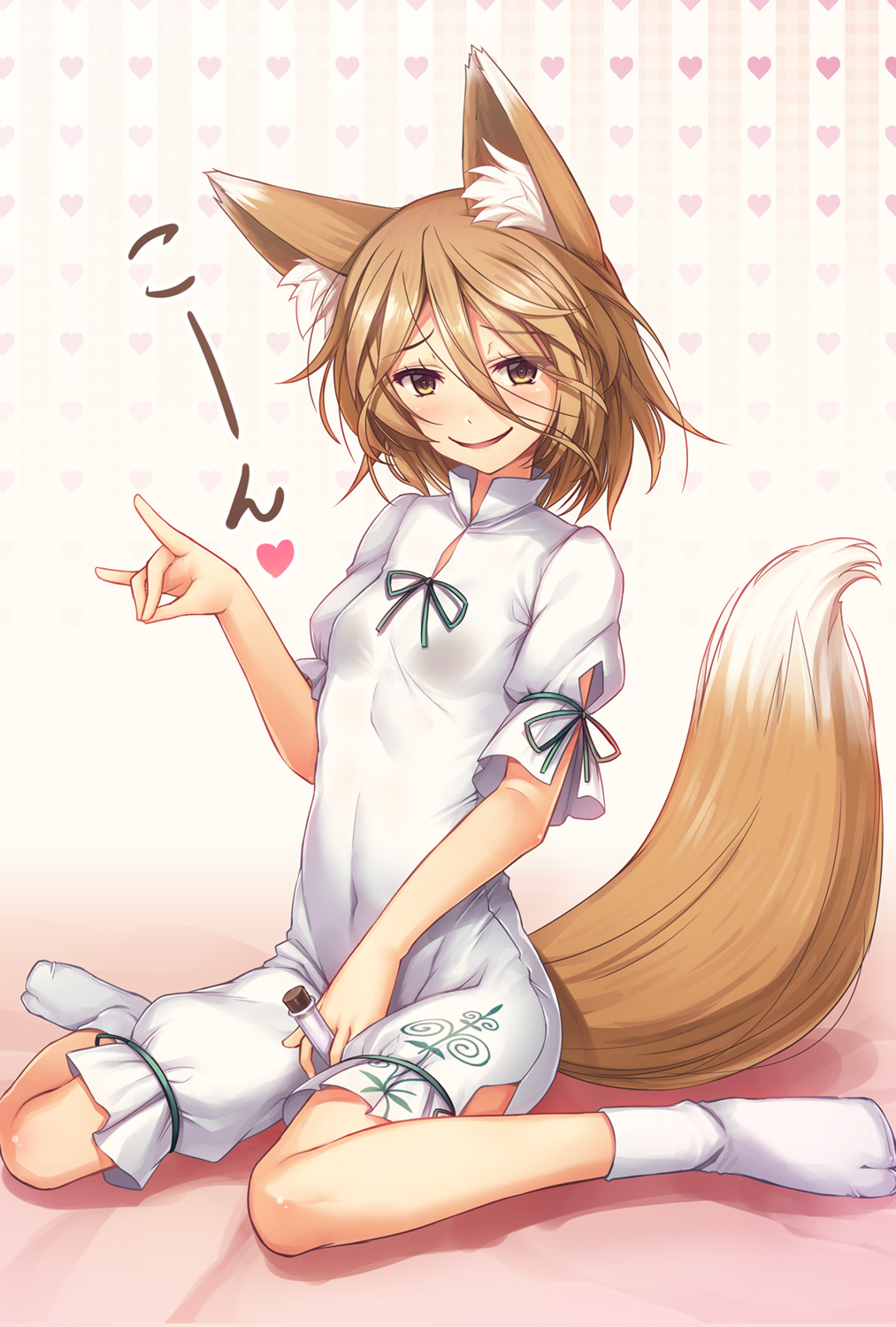 1girl animal_ear_fluff animal_ears bangs breasts brown_eyes brown_hair chima_q commentary_request corked_bottle covered_navel eyebrows_visible_through_hair fox_ears fox_girl fox_shadow_puppet fox_tail hair_between_eyes heart highres holding_test_tube kudamaki_tsukasa looking_at_viewer no_shoes onesie parted_lips puffy_short_sleeves puffy_sleeves short_hair short_sleeves simple_background sitting small_breasts smile socks solo tail test_tube touhou wariza white_jumpsuit white_legwear