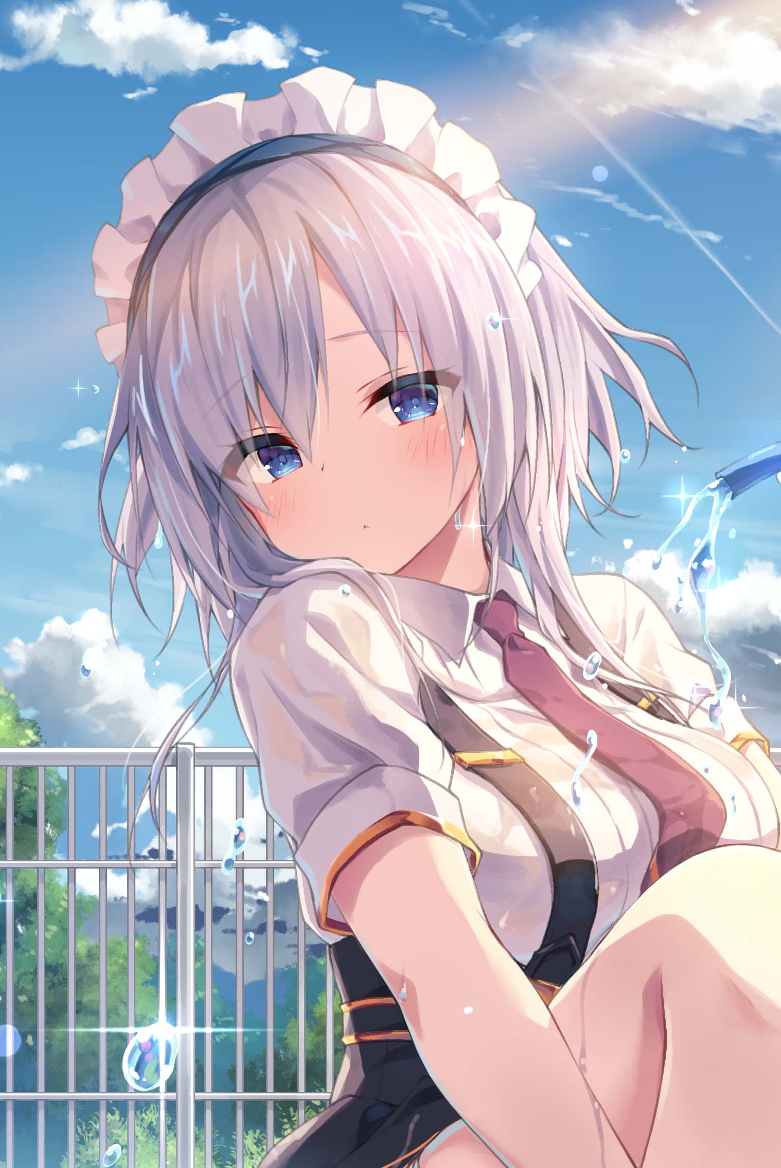 1girl blue_dress blue_eyes blush breasts character_request clouds cloudy_sky commentary_request day dress eyebrows_visible_through_hair eyes_visible_through_hair fence glint highres knees large_breasts liar2 long_hair looking_at_viewer maid_headdress necktie red_neckwear silver_hair sky solo upper_body water