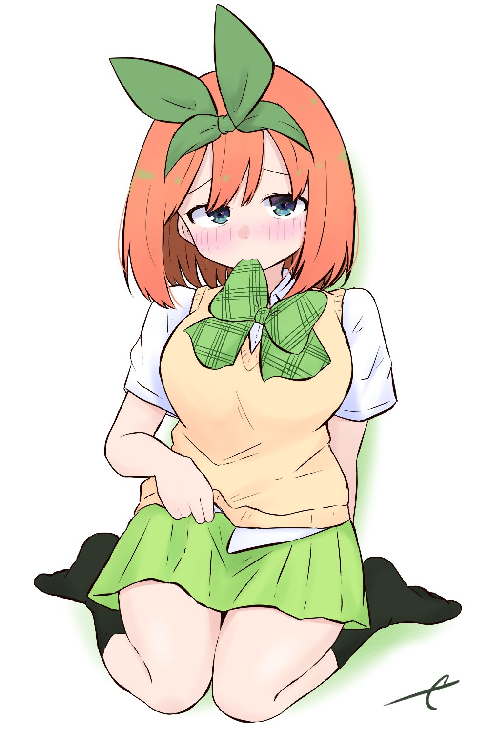 1girl bangs black_legwear blue_eyes blush bow breasts closed_mouth collared_shirt commentary eyebrows_behind_hair full_body go-toubun_no_hanayome green_bow green_ribbon green_skirt hair_ribbon highres kujou_karasuma looking_at_viewer medium_breasts mouth_hold nakano_yotsuba no_shoes nose_blush orange_hair pleated_skirt ribbon shirt short_sleeves signature sitting skirt socks solo sweater_vest symbol_commentary wariza white_background white_shirt