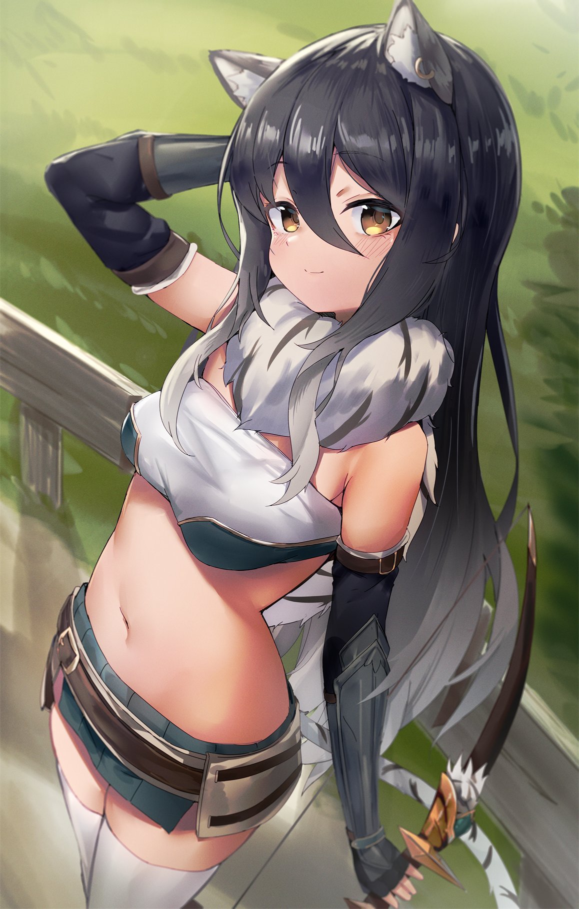 1girl animal_ear_fluff animal_ears arm_behind_head arm_up bandeau bangs bare_shoulders belt black_hair bow_(weapon) breasts brown_belt capelet closed_mouth commentary cowboy_shot ear_piercing eyebrows_visible_through_hair fur_capelet gauntlets gloves gradient_hair green_skirt hair_between_eyes highres holding holding_bow_(weapon) holding_weapon kure_(kure_ng) long_hair looking_at_viewer midriff miniskirt multicolored_hair navel outdoors piercing princess_connect! princess_connect!_re:dive shiori_(princess_connect!) sidelocks skindentation skirt small_breasts smile solo standing striped_tail tail thigh-highs tiger_ears tiger_tail weapon white_legwear yellow_eyes zettai_ryouiki