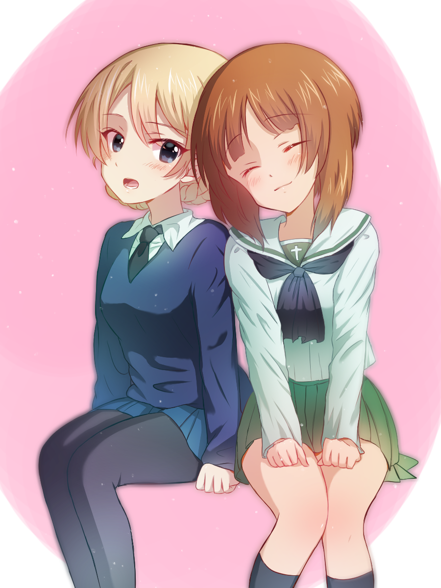 2girls bangs black_legwear black_neckwear blonde_hair blouse blue_eyes blue_skirt blue_sweater blush braid brown_hair closed_mouth commentary_request darjeeling_(girls_und_panzer) dress_shirt eyebrows_visible_through_hair girls_und_panzer hands_on_lap highres invisible_chair kneehighs leaning_on_person long_sleeves looking_at_another miniskirt multiple_girls neckerchief necktie nishizumi_miho ooarai_school_uniform open_mouth pantyhose partial_commentary pink_background pleated_skirt rurikoke sailor_collar school_uniform serafuku shirt short_hair side-by-side sitting skirt smile st._gloriana's_school_uniform sweater tied_hair twin_braids v-neck white_blouse white_sailor_collar white_shirt wing_collar yuri