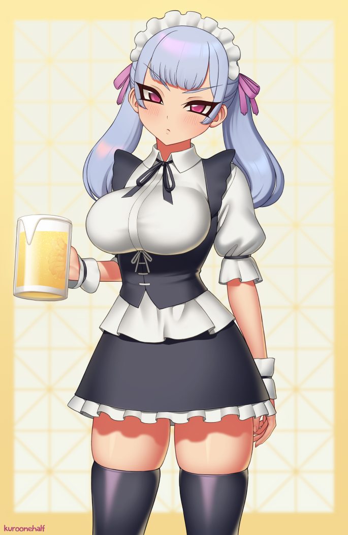 1girl alcohol artist_name bangs beer beer_mug black_clover black_legwear black_ribbon black_vest blunt_bangs breasts closed_mouth collared_shirt commission cowboy_shot cup dress eyebrows_visible_through_hair frilled_dress frills hair_ribbon holding holding_cup kuroonehalf large_breasts light_blue_hair long_hair looking_at_viewer maid_headdress mug neck_ribbon noelle_silva pink_ribbon puffy_short_sleeves puffy_sleeves ribbon shirt short_sleeves silver_hair skindentation solo standing thigh-highs twintails vest violet_eyes waitress wrist_cuffs yellow_background