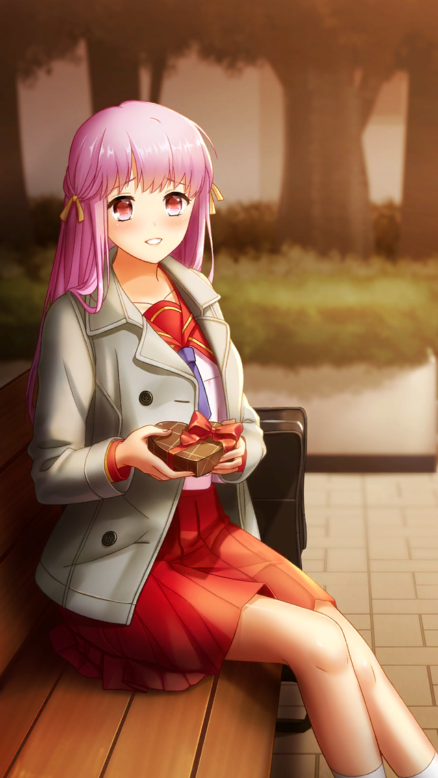 1girl bangs bench blush box coat collared_shirt doukyuusei doukyuusei_another_world from_side game_cg gift gift_box grey_coat grin hair_ribbon heart-shaped_box holding holding_box long_hair long_sleeves miniskirt neckerchief official_art outdoors parted_lips pink_hair pleated_skirt purple_neckwear red_eyes red_skirt ribbon sailor_collar sailor_shirt sakuragi_mai shiny shiny_hair shirt sitting skirt smile solo valentine very_long_hair white_legwear white_shirt yellow_ribbon