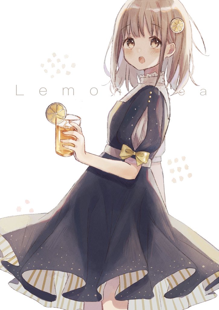 1girl :o arm_at_side arm_up bangs black_dress blush brown_eyes brown_hair commentary cowboy_shot cup dress drinking_glass english_text eyebrows_visible_through_hair food food_themed_hair_ornament from_side fruit hair_ornament high_collar holding holding_cup iced_tea lemon lemon_hair_ornament lemon_slice looking_at_viewer original puffy_short_sleeves puffy_sleeves shano-pirika short_hair short_sleeves simple_background solo standing two-sided_dress white_background