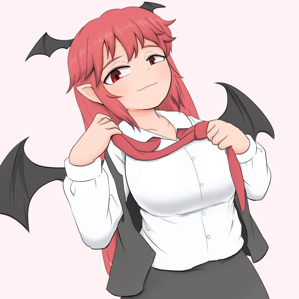 1girl bat_wings black_dress black_skirt black_vest blush breasts camp_of_hunger collared_shirt come_hither demon_girl dress head_wings huge_breasts koakuma long_hair long_sleeves looking_at_viewer loose_necktie necktie red_eyes red_neckwear redhead seductive_smile shirt skirt skirt_set smile solo touhou undone_necktie undressing vest white_shirt wings
