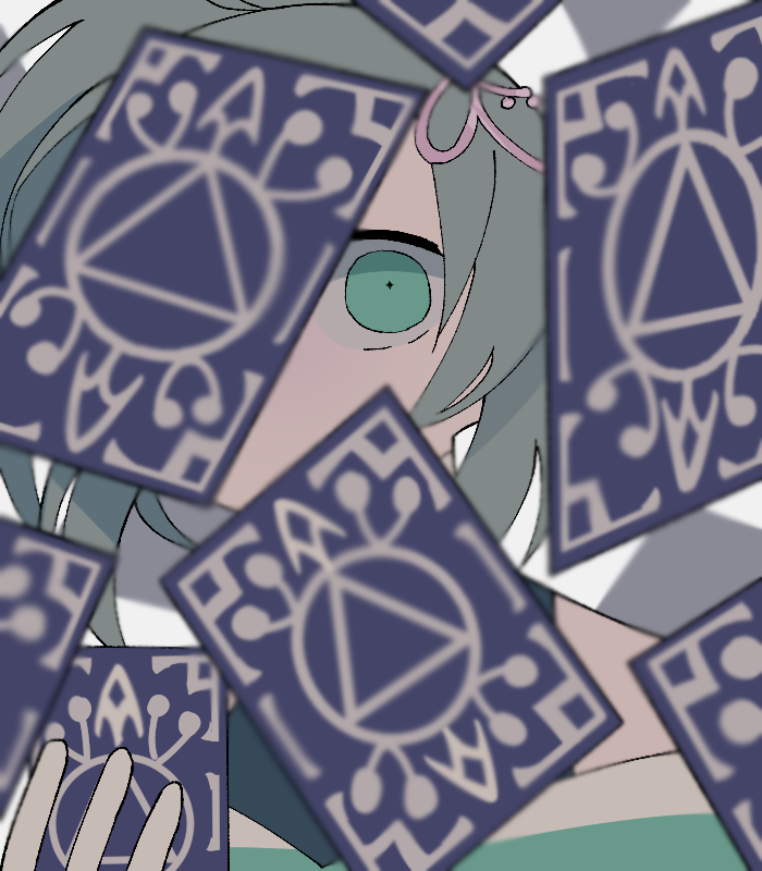 1girl anna_mel bangs blurry card close-up covered_mouth depth_of_field empty_eyes expressionless face green_eyes green_hair hand_up headpiece high_ponytail holding holding_card looking_at_viewer magia_record:_mahou_shoujo_madoka_magica_gaiden mahou_shoujo_madoka_magica muted_color off_shoulder one_eye_covered ponytail simple_background sleeveless solo tareme tarot too_many triangle upper_body white_background wide-eyed yuri7s0