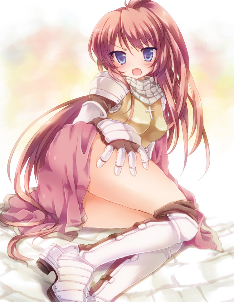 1girl armor armored_boots bangs blue_eyes blush boots breastplate brown_hair cape chainmail commentary_request cross eyebrows_visible_through_hair full_body gauntlets hair_between_eyes hizukiryou knight_(ragnarok_online) long_hair looking_at_viewer lying on_side open_mouth pauldrons pink_cape ragnarok_online shoulder_armor solo thighs