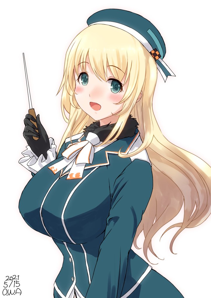 1girl ascot atago_(kancolle) beret black_gloves blonde_hair blue_headwear blush breasts cowboy_shot dated eyebrows_visible_through_hair frilled_sleeves frills fur_collar gloves green_eyes hair_between_eyes hat kantai_collection large_breasts long_hair long_sleeves looking_at_viewer military military_uniform owa_(ishtail) pointer shirt signature simple_background skirt smile uniform white_background white_neckwear white_shirt