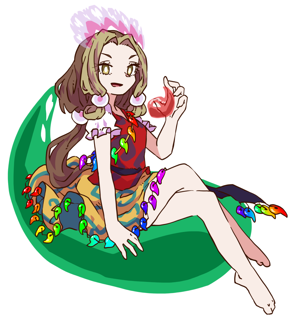 barefoot brown_eyes brown_hair crown hair_intakes lana151 long_hair low_tied_hair low_twintails magatama magatama_trim puffy_short_sleeves puffy_sleeves red_shirt shirt short_sleeves sitting sitting_on_object tamatsukuri_misumaru touhou twintails white_background