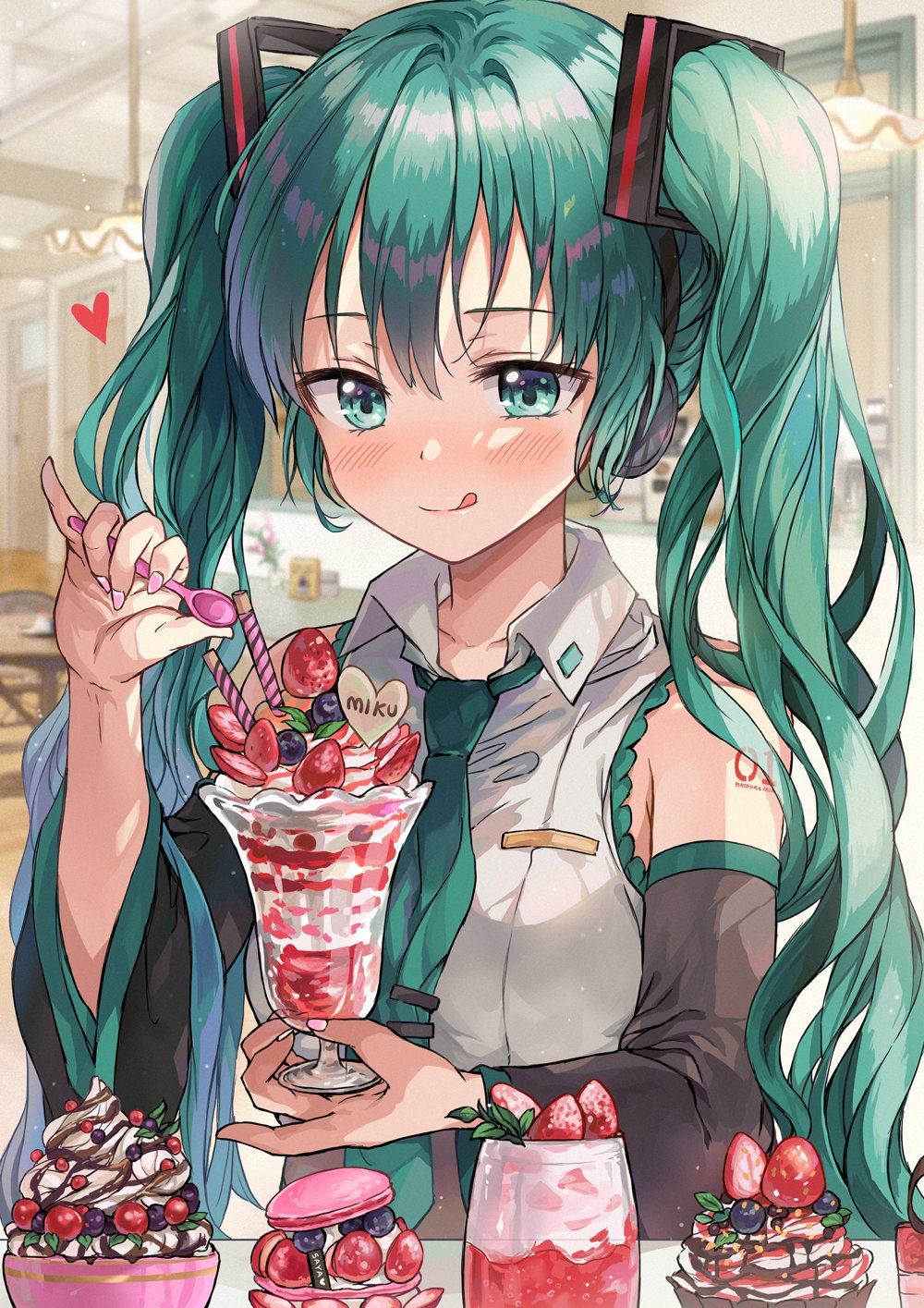 1girl alternate_nail_color aqua_eyes aqua_hair aqua_neckwear bare_shoulders berry black_sleeves blueberry blush character_name cherry commentary cup dessert detached_sleeves food fruit grey_shirt hair_ornament hatsune_miku headphones heart highres holding holding_cup holding_spoon ice_cream indoors korean_commentary long_hair macaron nail_polish necktie pink_nails pinky_out saya_(mychristian2) shirt shoulder_tattoo sleeveless sleeveless_shirt smile solo spoon strawberry sundae sweets tattoo tongue tongue_out twintails upper_body very_long_hair vocaloid