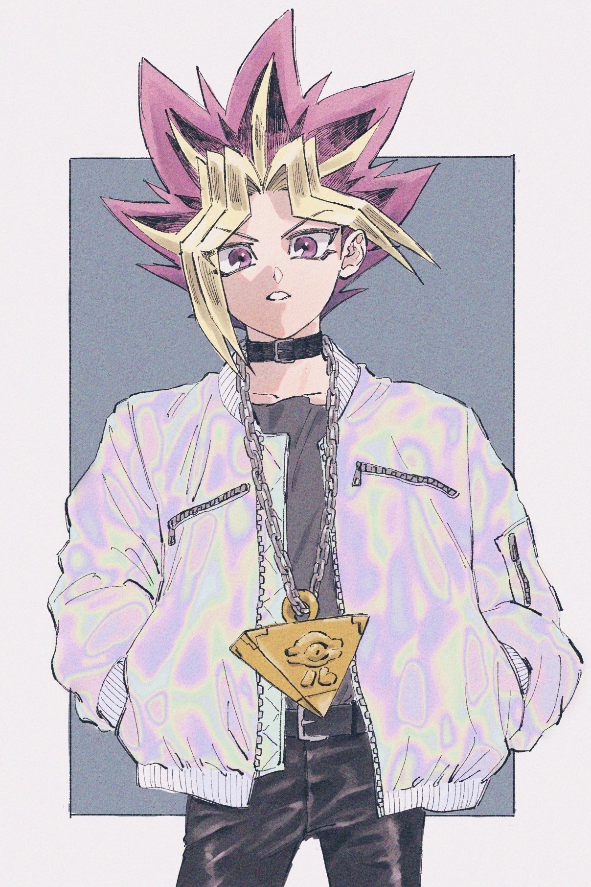 1boy belt blonde_hair choker commentary_request grey_shirt hands_in_pockets highres jacket looking_at_viewer male_focus millennium_puzzle morijio_(pnpn_no_mm) open_clothes open_jacket pants parted_lips purple_hair shirt solo spiky_hair violet_eyes white_jacket yami_yuugi yu-gi-oh! zipper