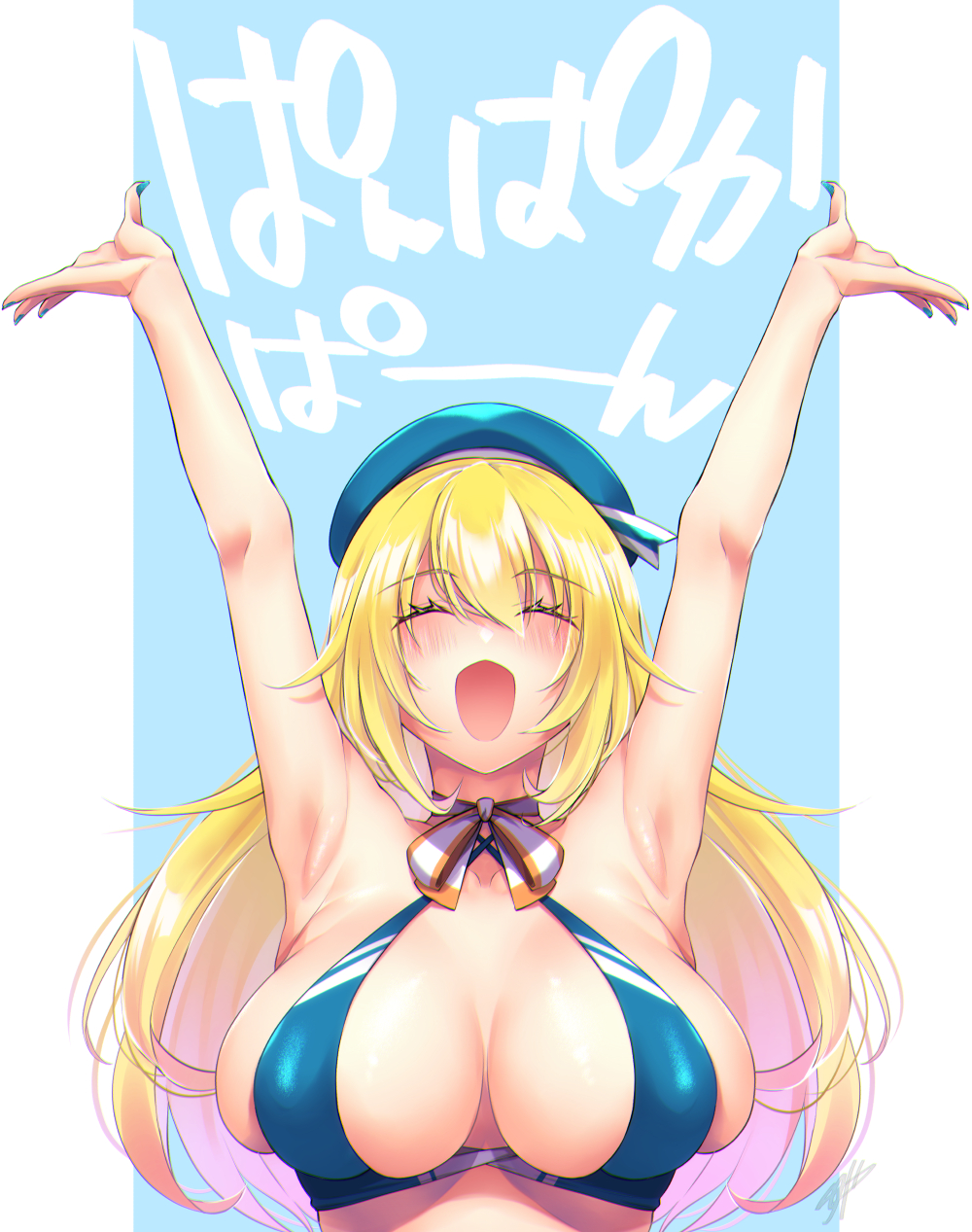 1girl :d ^_^ armpits arms_up atago_(kancolle) bikini bikini_top blonde_hair blue_background blue_bikini blue_headwear blush breasts chikage_(blackclownery) closed_eyes commentary_request eyebrows_visible_through_hair hair_between_eyes halterneck hat highres kantai_collection large_breasts long_hair open_mouth smile solo swimsuit translation_request two-tone_background white_background