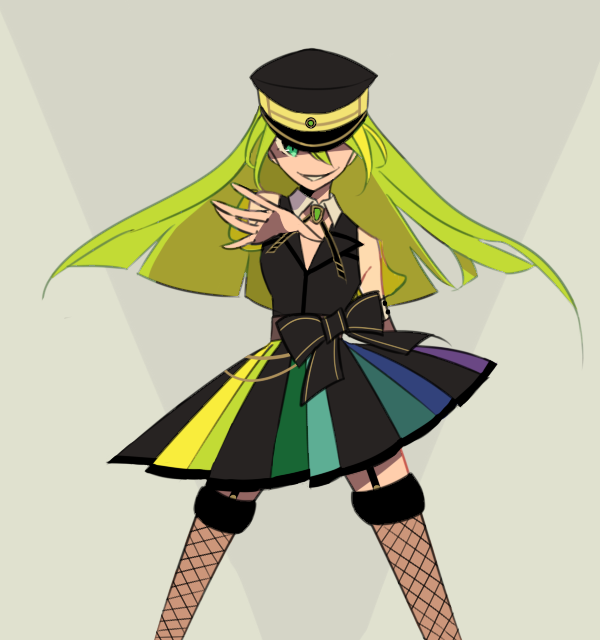 1girl alina_gray arm_at_side armpit_crease beige_background black_bow black_headwear black_neckwear bow contrapposto detached_collar evil_grin evil_smile feet_out_of_frame fishnet_legwear fishnets floating_hair fur-trimmed_legwear fur_trim garter_straps green_eyes green_hair grey_background grin hat hat_over_one_eye legs_apart long_hair looking_at_viewer magia_record:_mahou_shoujo_madoka_magica_gaiden mahou_shoujo_madoka_magica multicolored multicolored_clothes multicolored_skirt no_nose outstretched_hand peaked_cap pleated_skirt puffy_short_sleeves puffy_sleeves see-through_sleeves shade short_sleeves simple_background skirt smile solo soul_gem thigh-highs two-tone_background waist_bow waistcoat yuri7s0 zettai_ryouiki