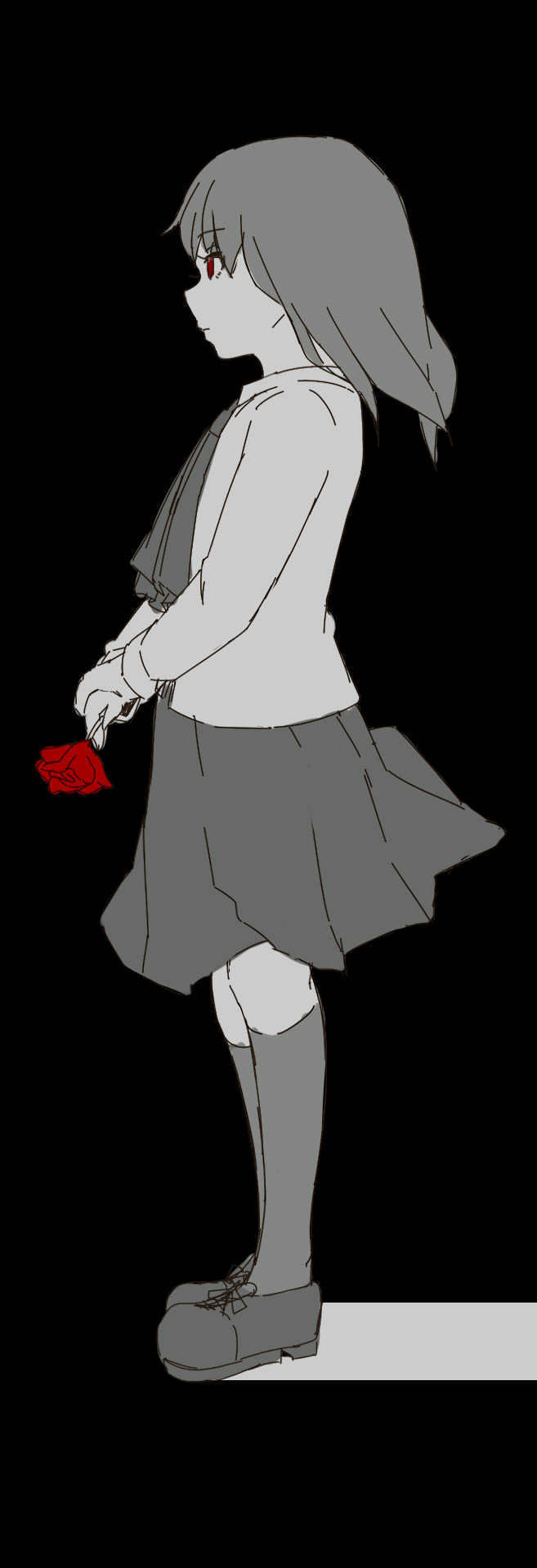 1girl bangs black_background eyebrows_visible_through_hair flower from_side full_body highres holding holding_flower kneehighs kuro_kosyou long_hair long_sleeves monochrome original pleated_skirt profile red_eyes red_flower red_rose rose shirt shoes skirt solo spot_color standing