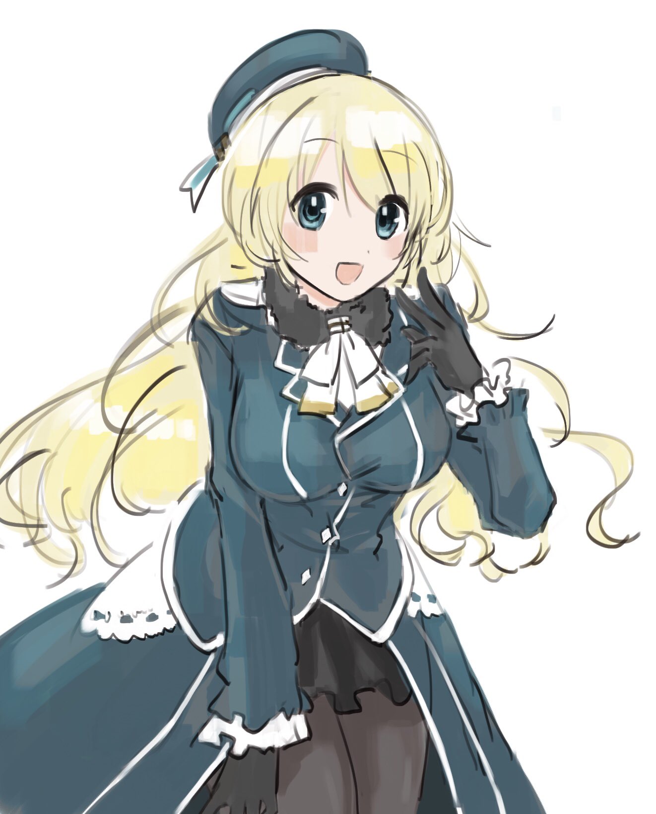 1girl atago_(kancolle) bangs beret black_gloves black_legwear blonde_hair blue_eyes blue_headwear blush breasts eyebrows_visible_through_hair frills gloves hat highres kantai_collection large_breasts long_hair long_sleeves military military_uniform momosio2f one-hour_drawing_challenge open_mouth pantyhose simple_background solo uniform white_background