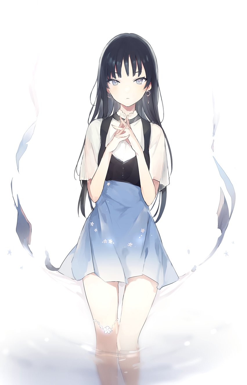 1girl bangs black_hair blue_skirt closed_mouth dress earrings eyebrows_visible_through_hair flower grey_eyes hands_clasped highres interlocked_fingers jewelry long_hair looking_at_viewer lpip original own_hands_together see-through_sleeves shirt short_sleeves skirt solo standing thighlet wading water white_background white_shirt
