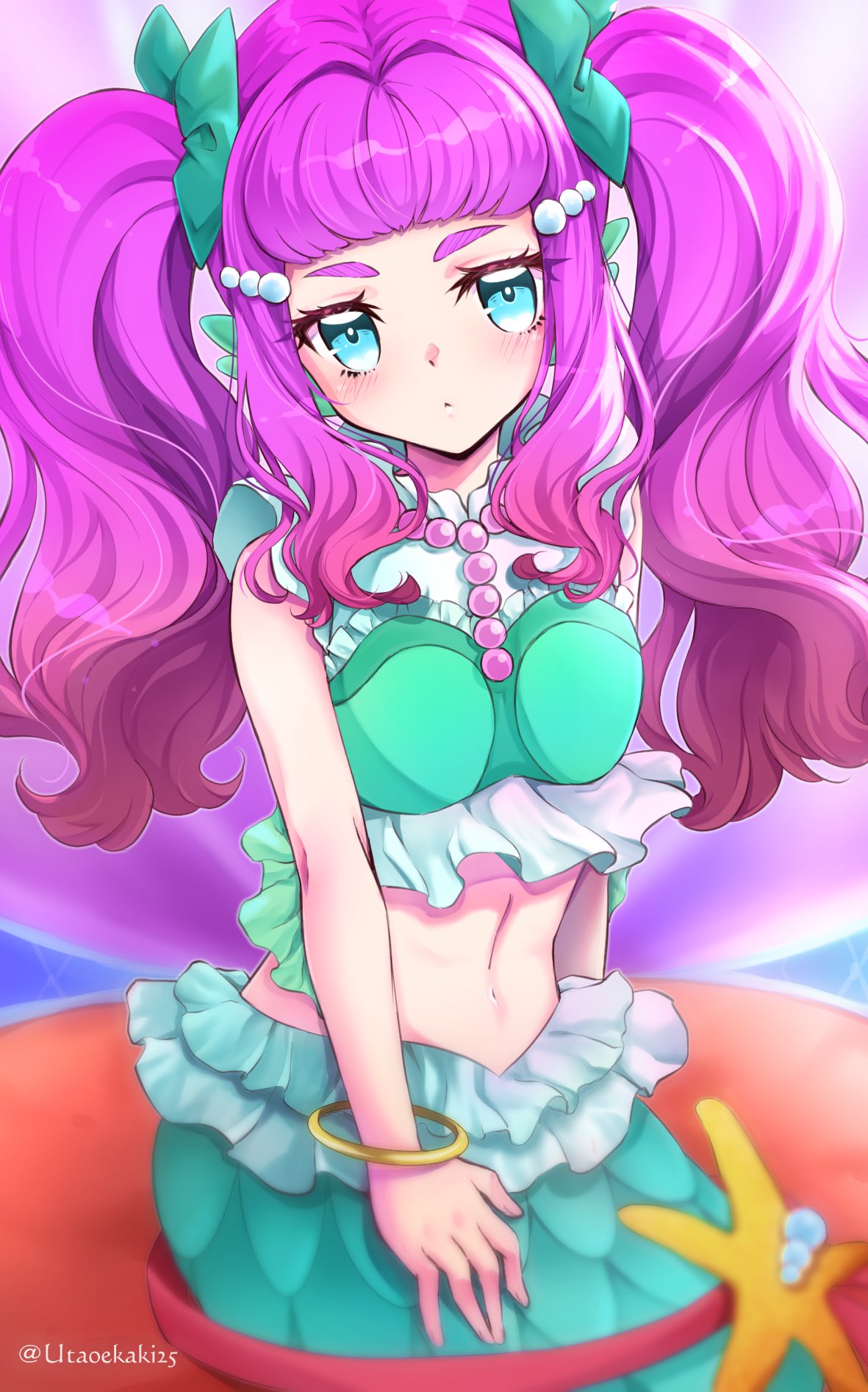 1girl alternate_hairstyle blue_eyes blush breasts commentary_request fins head_fins highres laura_la_mer long_hair looking_at_viewer medium_breasts mermaid midriff monster_girl navel pink_hair precure sitting solo thick_eyebrows tropical-rouge!_precure twintails twitter_username uta_(yagashiro25)