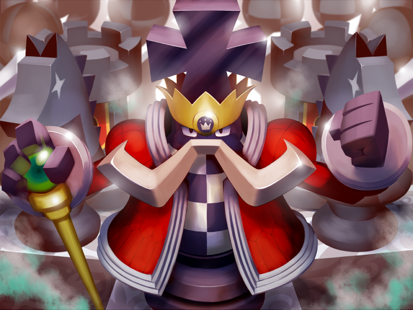 1boy black_eyes checkered checkered_clothing checkered_floor chess_piece chessboard clenched_hand coat commentary_request crown facial_hair full_body holding holding_scepter king king_(chess) kingman.exe knight_(chess) long_sleeves male_focus mega_man_(series) mega_man_battle_network mustache napo netnavi open_clothes open_coat pawn red_coat rook_(chess) scepter smoke solo standing