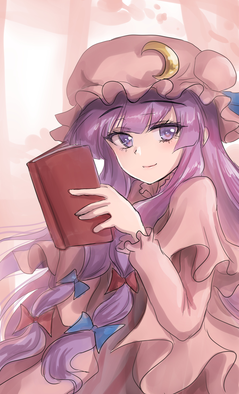 1girl blue_bow blue_ribbon book bow capelet commentary_request crescent crescent_hat_ornament crescent_pin eyebrows_visible_through_hair hair_bow hat hat_ornament hat_ribbon highres holding holding_book long_hair looking_at_viewer mob_cap namiki_(remiter00) patchouli_knowledge purple_hair red_bow ribbon smile solo touhou upper_body very_long_hair violet_eyes