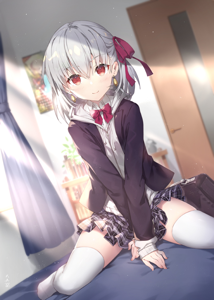 1girl arm_support bag bangs between_legs black_bag black_jacket blush bow breasts closed_mouth collared_shirt commentary_request door earrings eyebrows_visible_through_hair fate/grand_order fate_(series) gabiran hair_between_eyes hair_bow hair_ribbon hand_between_legs indoors jacket jewelry kama_(fate) long_sleeves looking_at_viewer medium_hair open_clothes open_jacket pink_ribbon plaid plaid_skirt red_eyes ribbon shirt silver_hair sitting skirt smile solo thigh-highs wariza white_legwear white_shirt