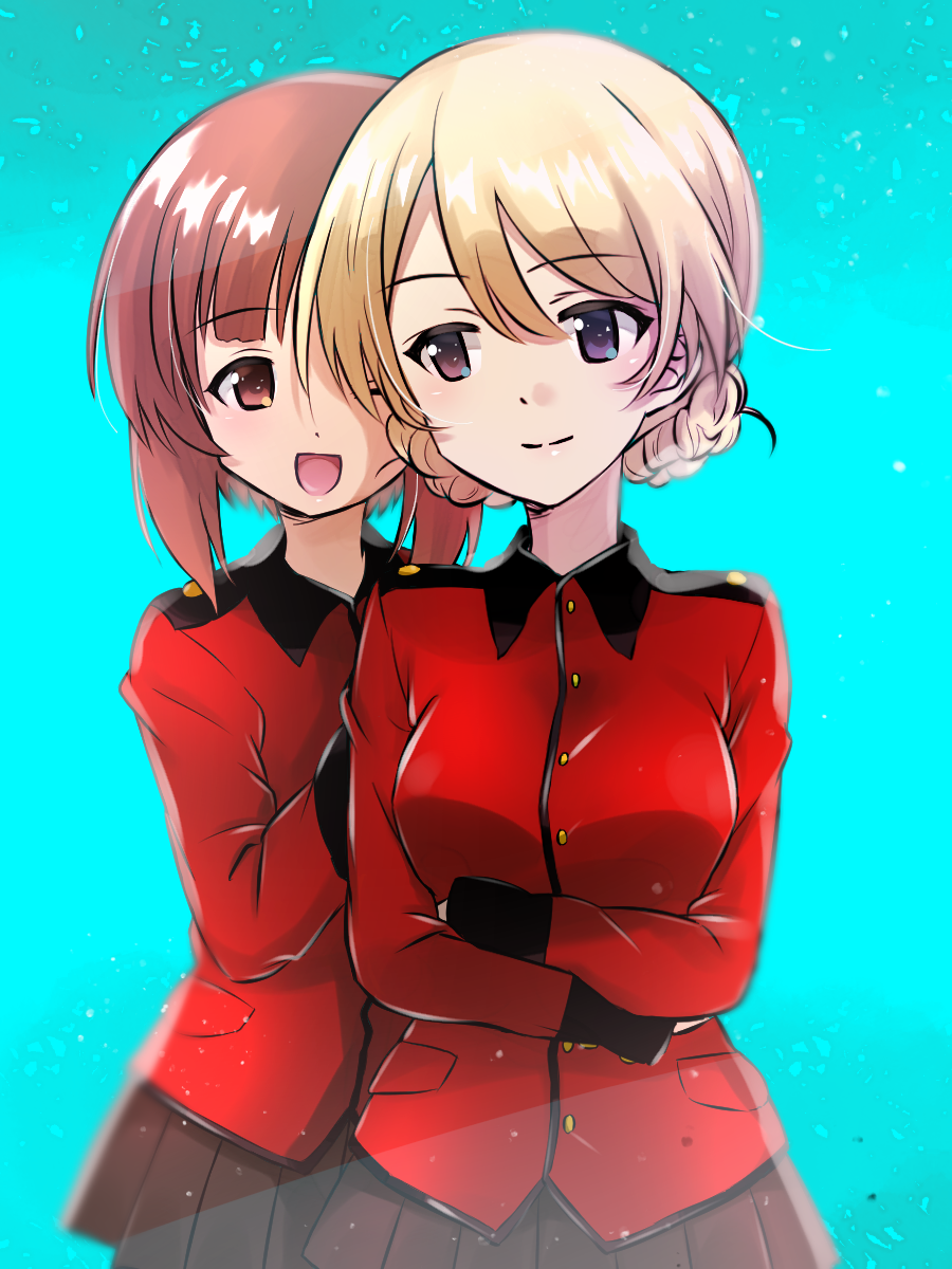 2girls :d alternate_costume aqua_background bangs black_skirt blonde_hair blue_eyes braid brown_eyes brown_hair closed_mouth commentary_request crossed_arms darjeeling_(girls_und_panzer) epaulettes girls_und_panzer hands_on_another's_back highres jacket light_smile long_sleeves looking_at_viewer military military_uniform miniskirt multiple_girls nishizumi_miho open_mouth partial_commentary pleated_skirt red_jacket rurikoke short_hair skirt smile st._gloriana's_military_uniform standing tied_hair twin_braids uniform yuri