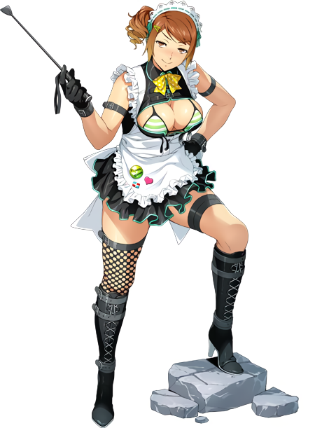 1girl apron arm_strap bangs bikini black_footwear black_gloves black_legwear boots breasts brown_eyes brown_hair cross-laced_footwear full_body gloves hair_ornament hairclip high_heels holding knee_boots large_breasts looking_at_viewer maid maid_apron maid_headdress official_art olive_oppert photoshop_(medium) riding_crop rock short_hair simple_background single_thighhigh smile solo standing striped striped_bikini super_robot_wars super_robot_wars_x-omega swimsuit thigh-highs thigh_strap watanabe_wataru_(character_designer) white_background