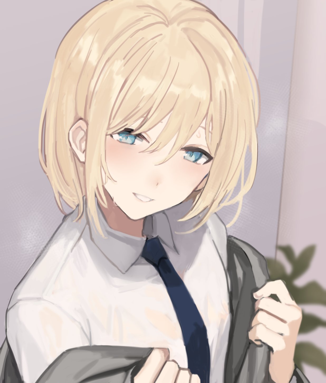 1boy androgynous blonde_hair blue_eyes blue_neckwear collared_shirt grin highres light_blush looking_at_viewer male_focus necktie original plant shirt smile solo sunaba_(nczd5875) undressing white_shirt wing_collar