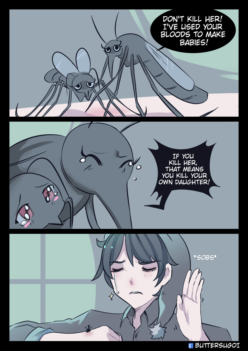 1boy bug butter_sugoi crying english_text grey_shirt headgear highres insect mosquito original shirt sleepwear