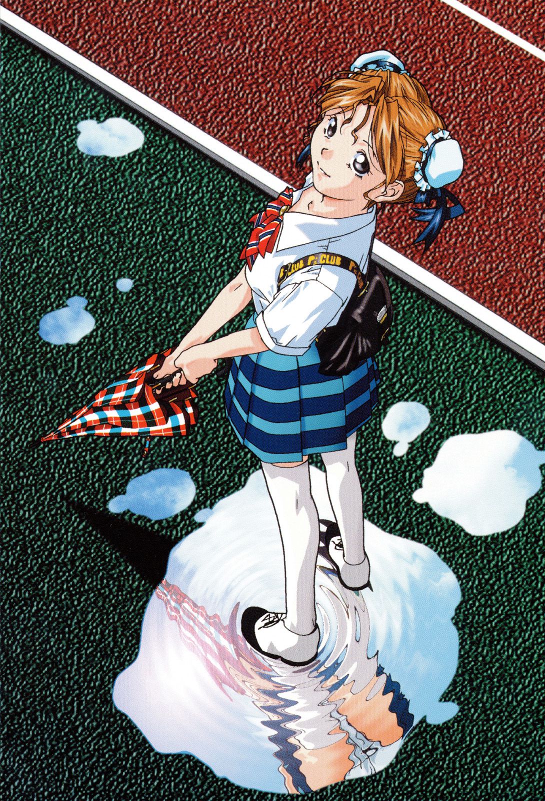 1990s_(style) 1girl after_rain backpack bag bangs black_eyes blue_skirt brown_hair bun_cover closed_umbrella double_bun from_above hayasaka_akira highres holding holding_umbrella looking_at_viewer non-web_source official_art plaid_umbrella pleated_skirt puddle reflection retro_artstyle scan shirt short_hair short_sleeves skirt smile solo standing striped striped_skirt super_real_mahjong tanaka_ryou thigh-highs umbrella white_legwear white_shirt