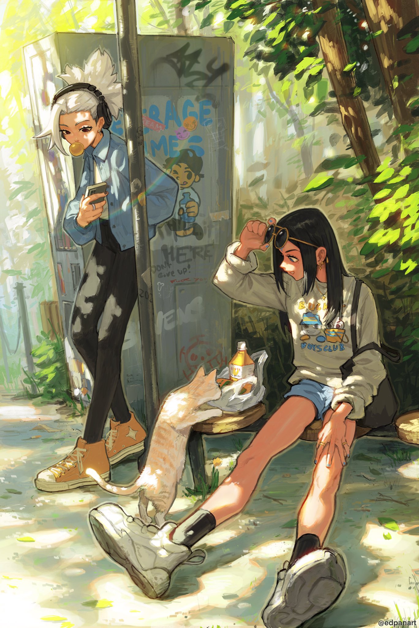 2girls adjusting_eyewear backpack bag black_legwear black_pants blue_eyes blue_jacket blue_nails blue_shorts bottle bubble_blowing cat cellphone chewing_gum commentary earrings edpan english_commentary fingernails forest hand_in_pocket headphones highres holding holding_phone jacket jewelry long_sleeves multiple_girls nail_polish nature open_clothes open_jacket orange_footwear original pants phone plastic_bag ring shirt shoes short_shorts shorts sitting smartphone smile socks standing sunglasses tree twitter_username white_footwear white_hair white_shirt
