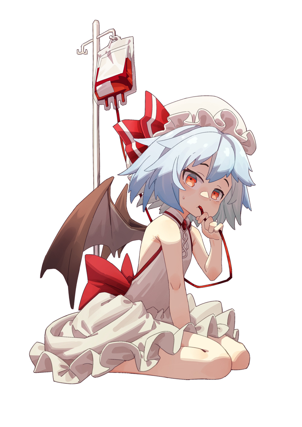 14mango 1girl back_bow bare_shoulders bat_wings blood blood_bag bow brooch commentary_request dress drinking_blood flat_chest full_body hand_up hat highres jewelry leaning_forward light_blue_hair looking_at_viewer mob_cap red_bow red_eyes remilia_scarlet short_hair simple_background sitting solo sweat touhou wariza white_background white_dress wings