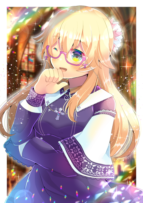 1girl ;d bangs black_dress blonde_hair blurry blurry_background blush breasts capelet cross depth_of_field dress eyebrows_visible_through_hair glasses hair_between_eyes hair_ornament kouu_hiyoyo long_hair long_sleeves medium_breasts one_eye_closed open_mouth pink-framed_eyewear puffy_long_sleeves puffy_sleeves semi-rimless_eyewear smile solo under-rim_eyewear very_long_hair vrchat white_capelet