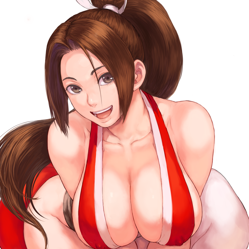 1girl bare_shoulders breasts brown_eyes brown_hair cleavage collarbone eyebrows female king_of_fighters large_breasts leaning_forward long_hair looking_at_viewer open_mouth ponytail shiranui_mai shu-mai simple_background smile solo teeth upper_teeth white_background