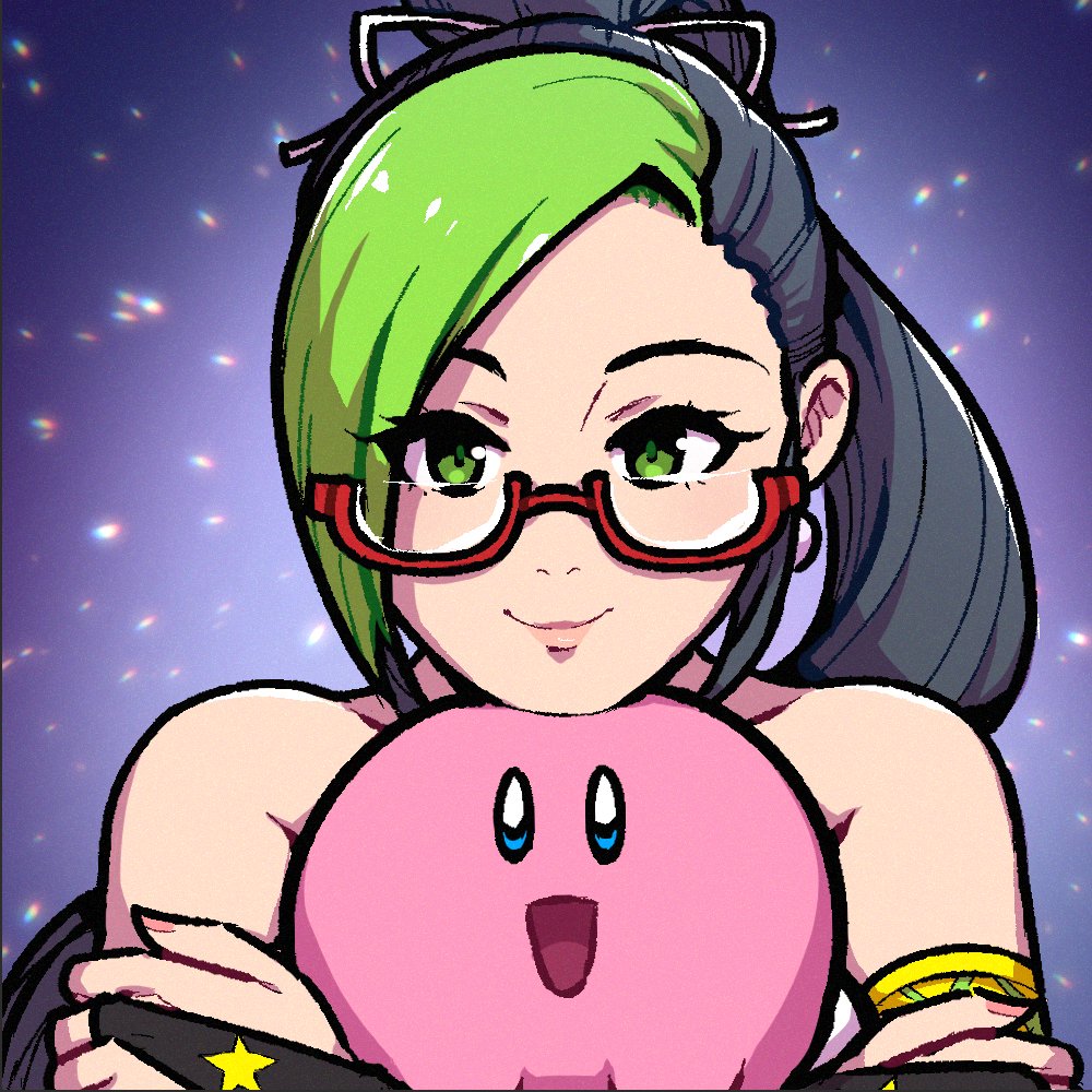 1girl akairiot bare_shoulders black_hair earrings glasses gradient gradient_background green_eyes green_hair jewelry kirby kirby_(series) looking_at_viewer multicolored_hair original phayla_(mr_december206) pink_nails ponytail portrait purple_background red-framed_eyewear semi-rimless_eyewear smile two-tone_hair under-rim_eyewear