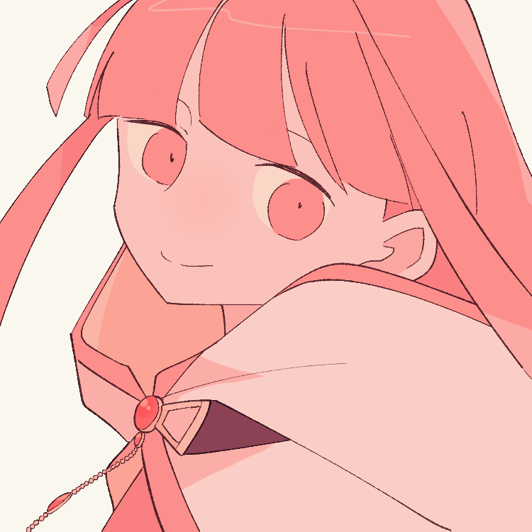 1girl bangs beige_background blunt_bangs chain cloak close-up closed_mouth face facing_viewer floating_hair happy head_tilt hood hood_down looking_afar looking_back magia_record:_mahou_shoujo_madoka_magica_gaiden mahou_shoujo_madoka_magica no_nose pastel_colors pink_eyes pink_hair pink_theme shiny shiny_hair sidelocks simple_background smile solo soul_gem straight_hair tamaki_iroha tareme upper_body white_cloak yuri7s0