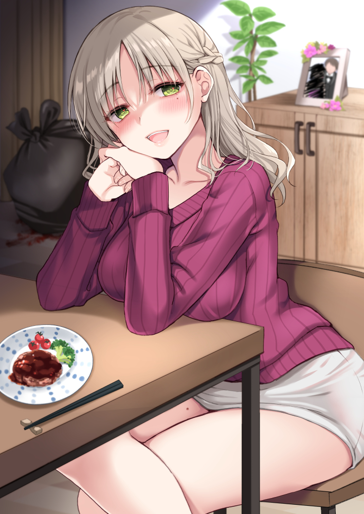 1girl bangs blood blood_stain blush braid breast_rest breasts chopstick_rest chopsticks crossed_legs death food green_eyes heart heart-shaped_pupils ikura_nagisa implied_murder indoors light_brown_hair long_sleeves looking_at_viewer meat medium_hair mole mole_on_thigh mole_under_eye original parted_bangs picture_(object) picture_frame plate red_sweater ribbed_sweater sitting solo sweater symbol-shaped_pupils table trash_bag yandere
