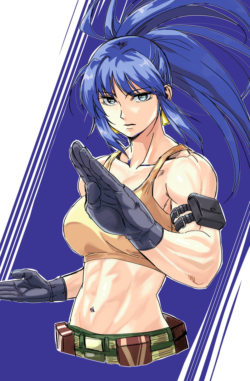 1girl abs ammunition_pouch armlet bare_shoulders belt biceps blue_eyes blue_hair breasts camouflage camouflage_pants dog_tags earrings eyes gloves highres jewelry large_breasts leona_heidern looking_at_viewer midriff military military_uniform muscular muscular_female pants ponytail pouch sleeveless solo standing tank_top tennzikiyu the_king_of_fighters the_king_of_fighters_xiv the_king_of_fighters_xv triangle_earrings uniform white_background yellow_tank_top