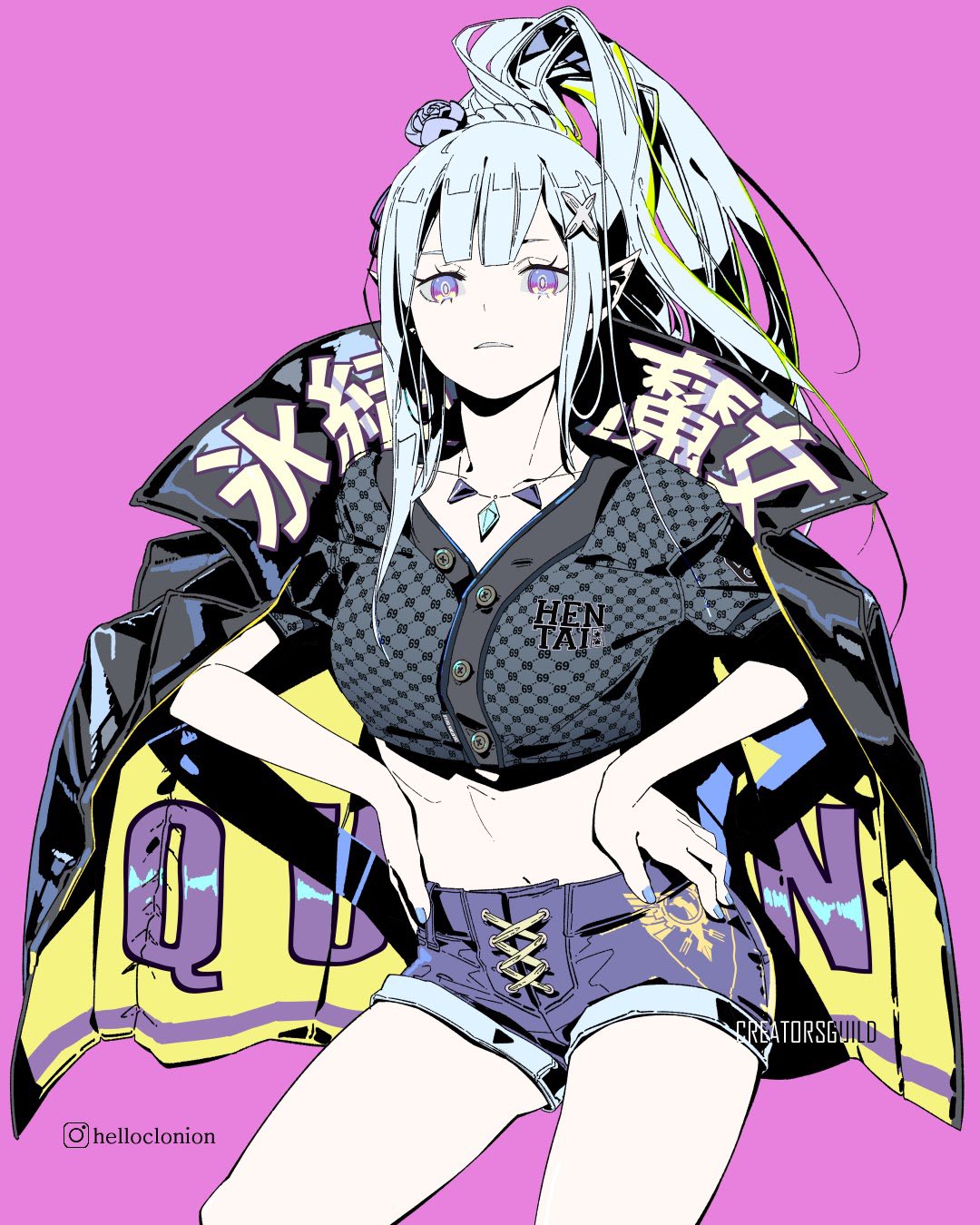 1girl alternate_costume bangs blue_nails blunt_bangs breasts buttons clonion collarbone commentary emilia_(re:zero) eyelashes hands_on_hips highres instagram_logo jacket jacket_on_shoulders jewelry looking_at_viewer nail_polish navel necklace parted_lips pointy_ears purple_background re:zero_kara_hajimeru_isekai_seikatsu short_shorts short_sleeves shorts simple_background solo violet_eyes