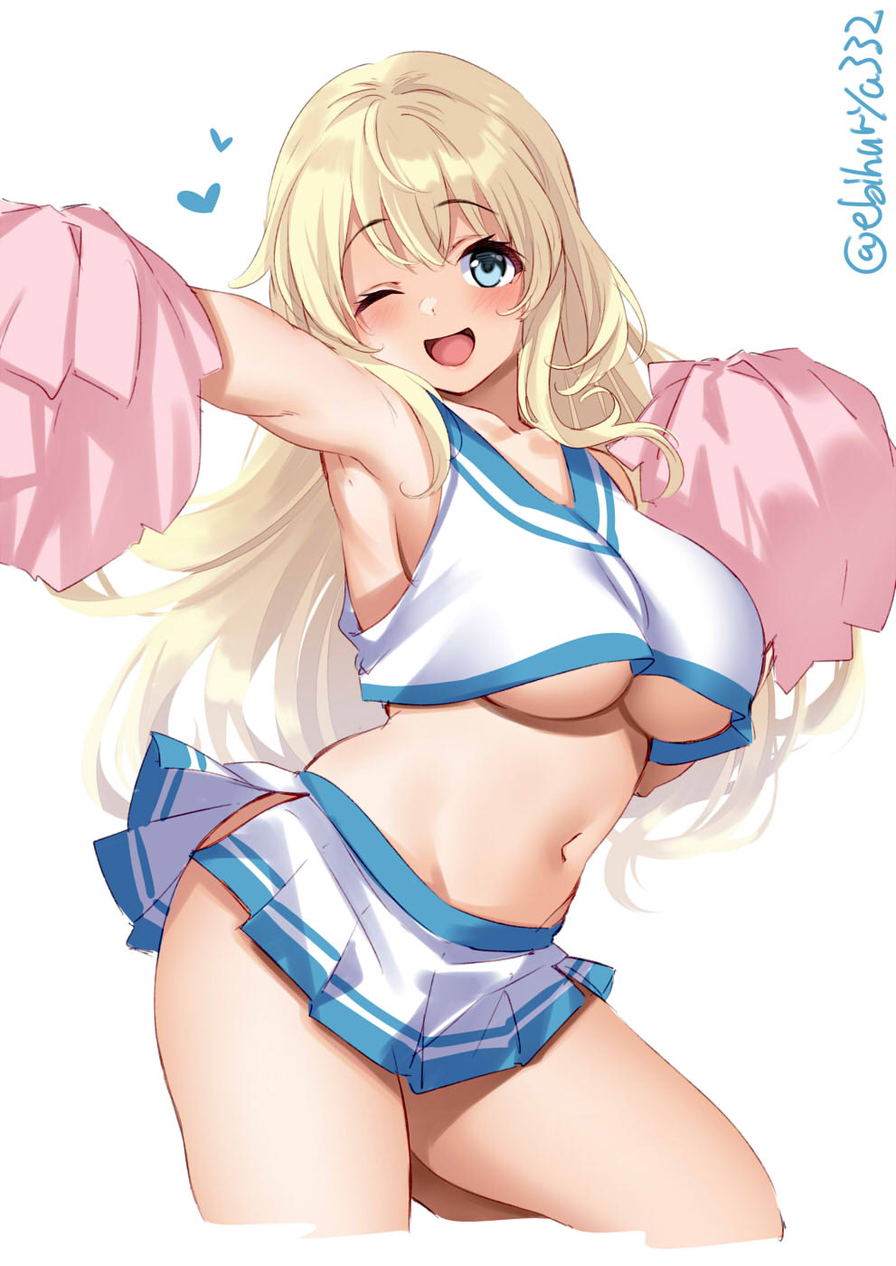 1girl armpits atago_(kancolle) blonde_hair blue_eyes breasts cheering cheerleader cowboy_shot crop_top crop_top_overhang ebifurya highres holding holding_pom_poms kantai_collection long_hair midriff miniskirt navel one_eye_closed open_mouth outstretched_arm pleated_skirt pom_poms shirt skirt sleeveless sleeveless_shirt smile solo twitter_username under_boob white_background