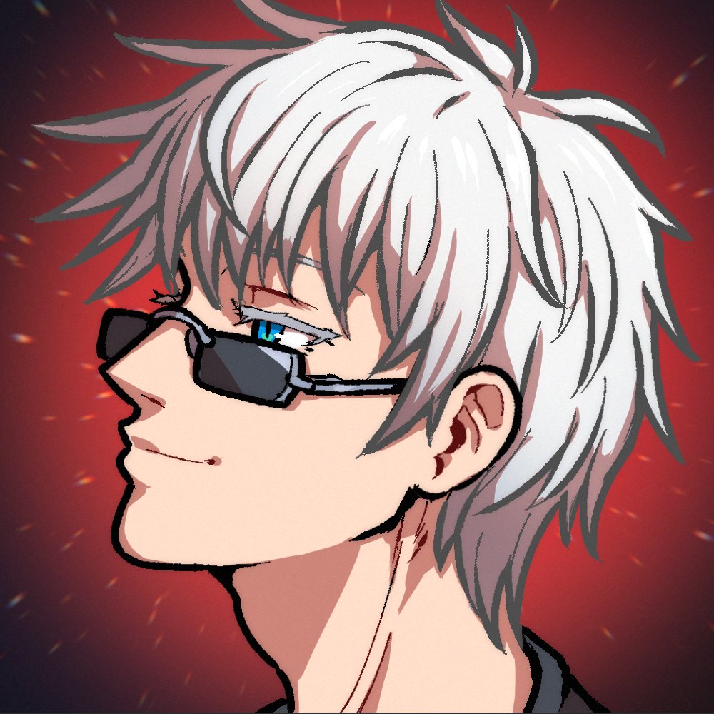 1boy akairiot bangs blue_eyes commission gojou_satoru gradient gradient_background jujutsu_kaisen portrait profile red_background short_hair smile solo sunglasses white_hair