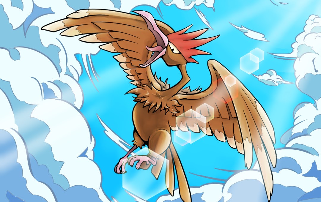 black_eyes clouds commentary_request fearow gen_1_pokemon lens_flare looking_down no_humans open_mouth pokemon pokemon_(creature) q-chan sky solo talons tongue