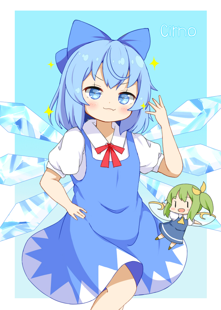 2girls :3 blue_background blue_bow blue_dress blue_eyes blue_hair blush bow chibi cirno crys_(dai) daiyousei dress fairy_wings fang feet_out_of_frame green_hair hair_bow hand_up ice ice_wings looking_at_viewer medium_hair multiple_girls one_side_up simple_background skin_fang smug touhou white_background wings
