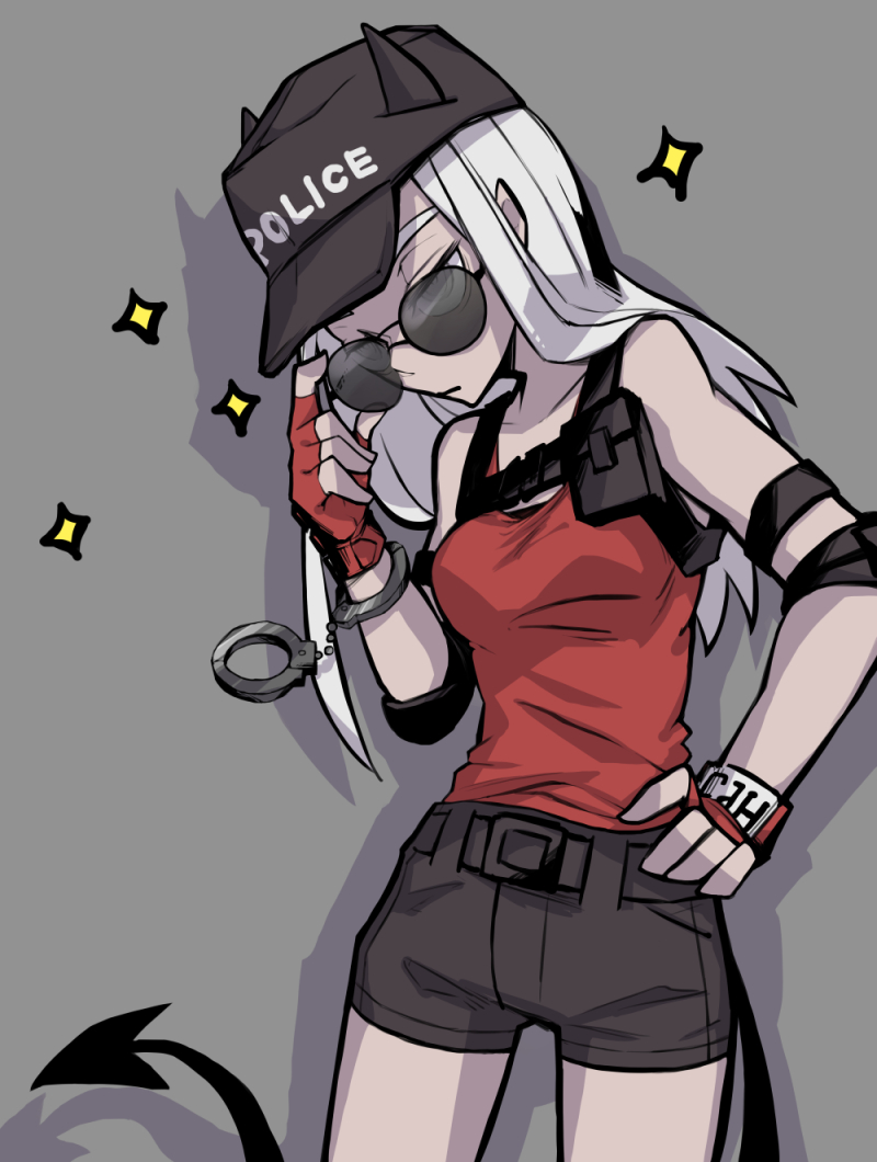 1girl bangs bare_shoulders belt black_headwear black_horns black_shorts collarbone commentary_request cowboy_shot cuffs demon_tail fingerless_gloves gloves grey_hair hand_on_hip handcuffs hat helltaker horns justice_(helltaker) long_hair no_mae_(mikakatachi) official_alternate_costume police_hat red_gloves red_shirt round_eyewear shirt short_shorts shorts solo sparkle sparkle_background sunglasses tail tank_top