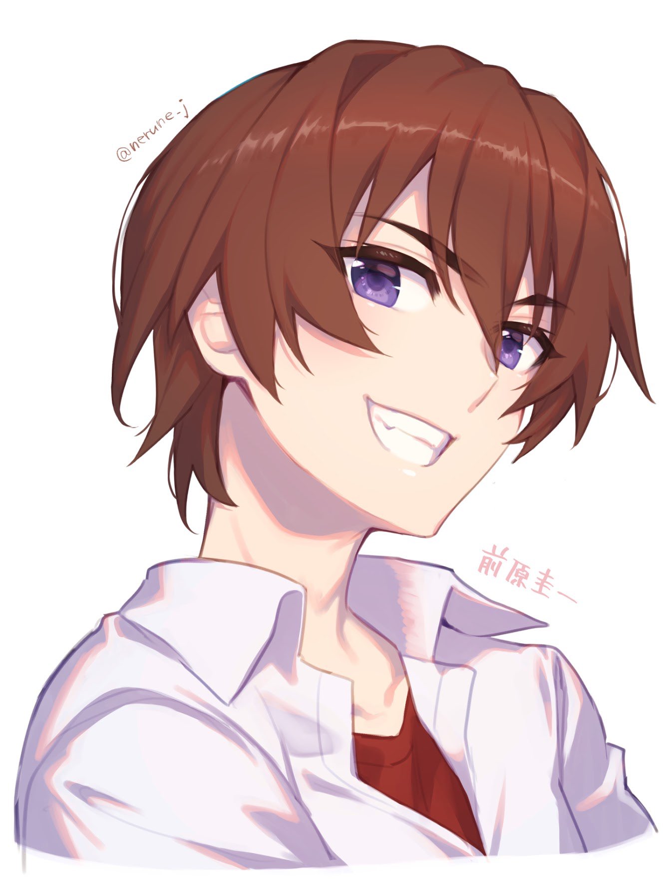 1boy brown_hair collared_shirt highres higurashi_no_naku_koro_ni maebara_keiichi nerune_j shirt smile solo undershirt violet_eyes