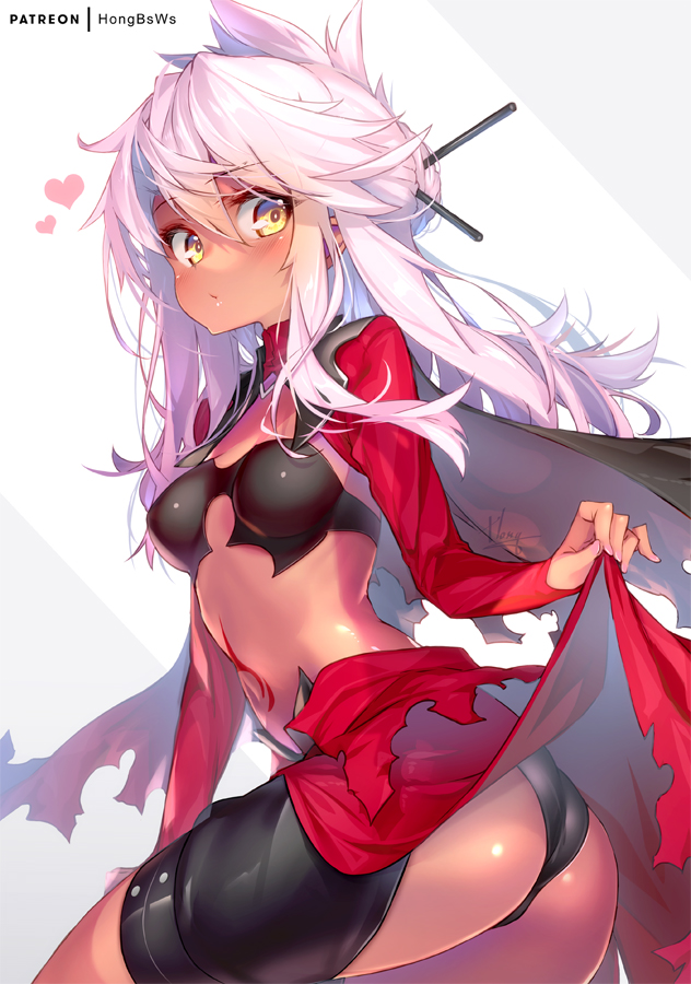 1girl ass breasts chloe_von_einzbern dark_skin dark-skinned_female eyebrows_visible_through_hair fate/kaleid_liner_prisma_illya fate_(series) hair_between_eyes hair_ornament hair_stick heart hong_(white_spider) lifted_by_self long_hair long_sleeves looking_at_viewer medium_breasts navel patreon_username pink_hair red_skirt skirt skirt_lift solo stomach_tattoo tattoo yellow_eyes