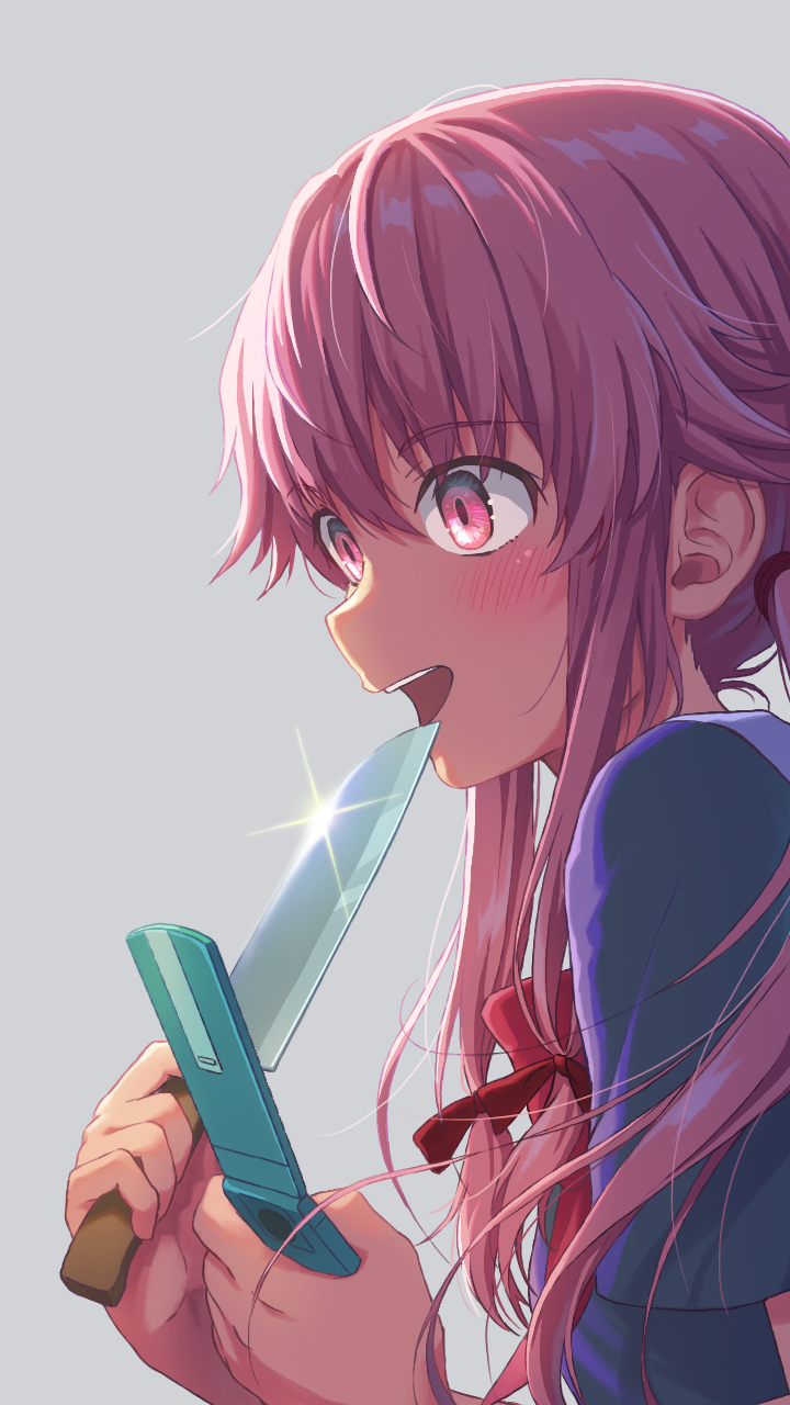 1girl bangs blush bow cellphone commentary_request flip_phone gasai_yuno grey_background hair_bow highres hirose_yuki holding holding_knife knife long_hair looking_afar mirai_nikki open_mouth phone pink_eyes pink_hair red_bow school_uniform simple_background solo upper_body upper_teeth yandere