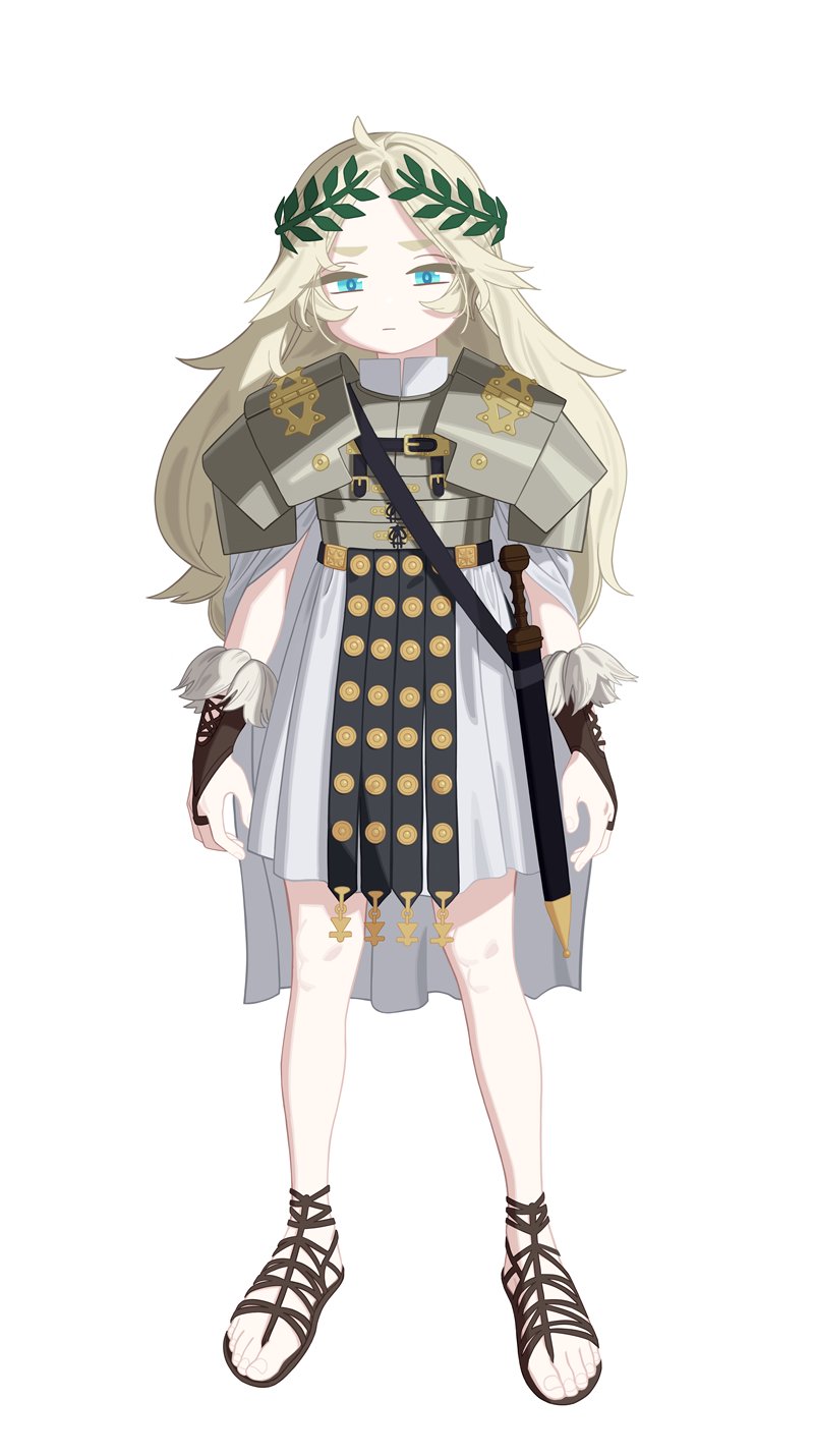 1girl armor blonde_hair blue_eyes check_commentary commentary commentary_request full_body gladius highres laurel_crown long_hair mabera original roman_clothes roman_empire sandals scabbard sheath sheathed solo toga white_background